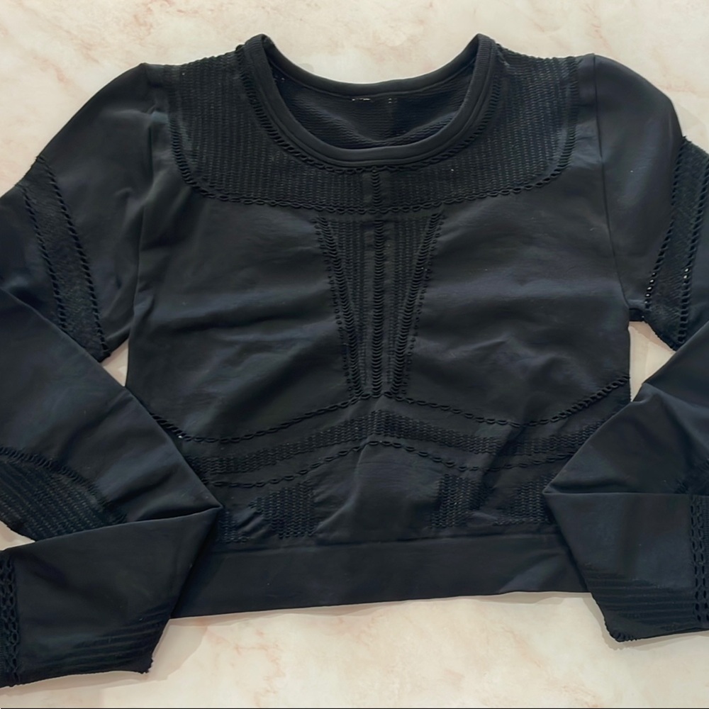 Lazer Cut Long Sleeve Black Athletic Top